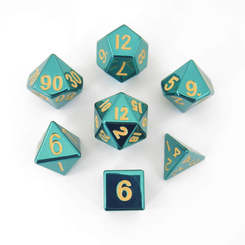 MET015 Turquoise Painted Metal Dice with Gold Numbers 16mm (5/8in) 7-Dice Set Metallic Dice Games (ONLINE ORDER ONLY)