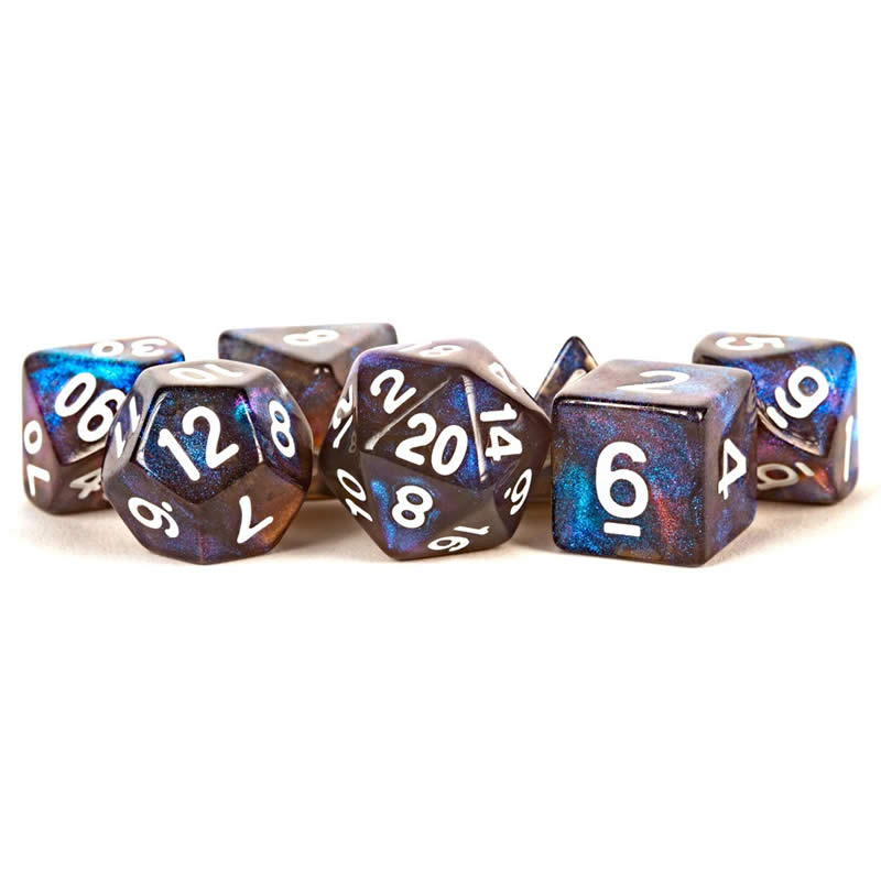 MET175 Stardust Galaxy Resin Dice White Numbers 16mm (5/8in) 7-Dice Set (ONLINE ORDER ONLY)