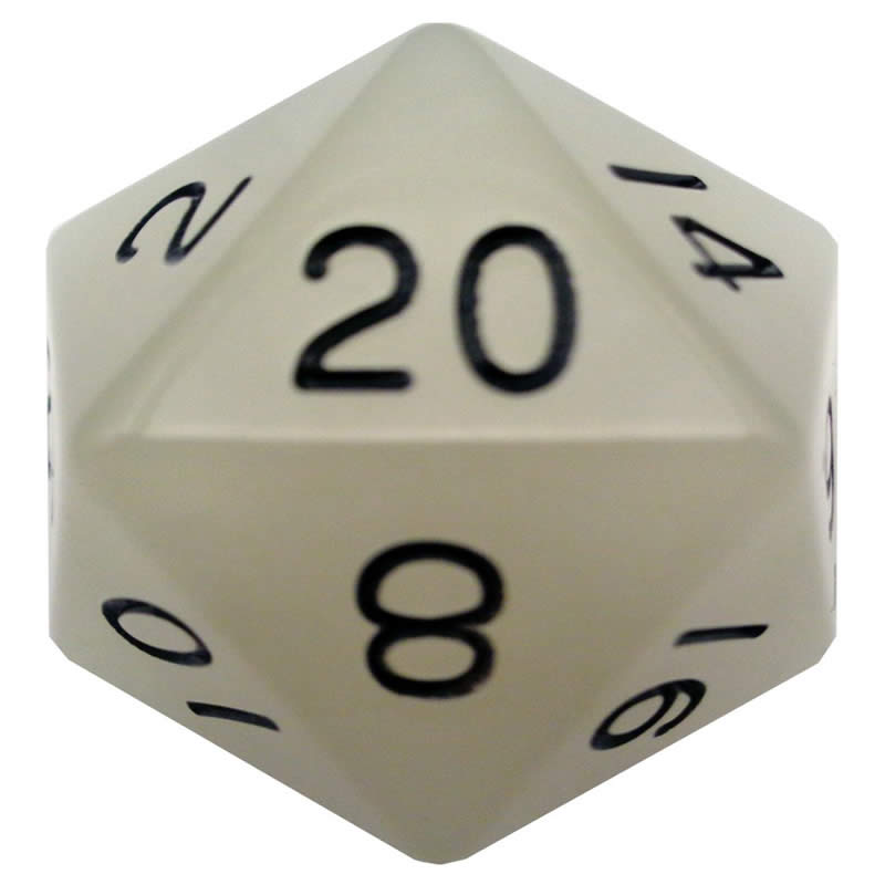 MET31020 Clear Glow In The Dark Acrylic Die Black Numbers D20 35mm Pack of 1 (ONLINE ORDER ONLY)