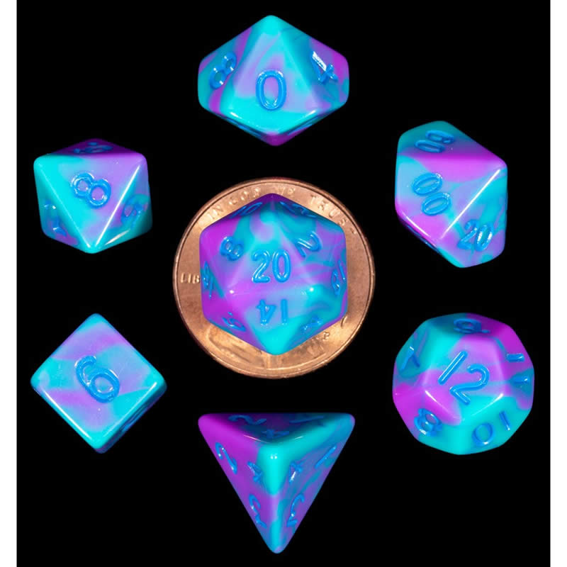 MET4172 Purple and Teal Poly Dice Blue Numbers 10mm (3/8in) 7-Dice Set (ONLINE ORDER ONLY)