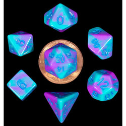 MET4172 Purple and Teal Poly Dice Blue Numbers 10mm (3/8in) 7-Dice Set (ONLINE ORDER ONLY)