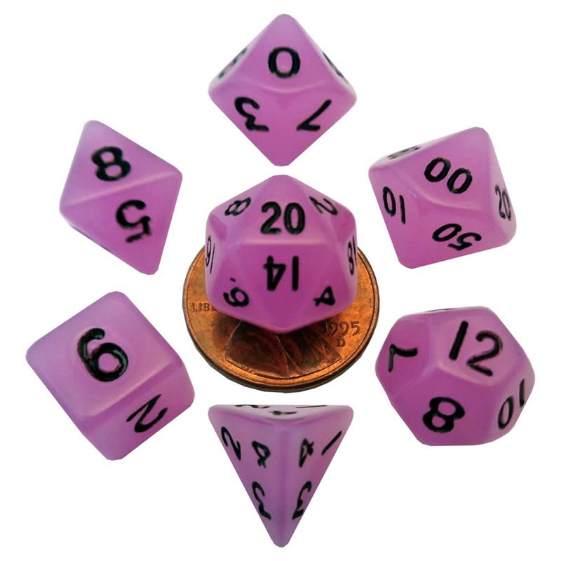 MET4307 Purple Glow In The Dark Dice Black Numbers 10mm 7-Dice Set (ONLINE ORDER ONLY)