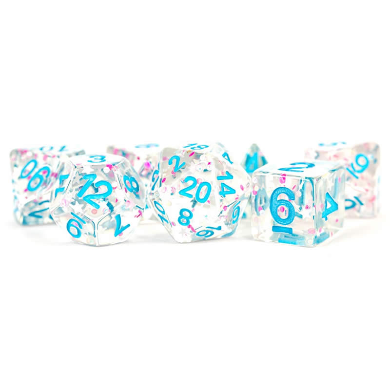 MET617 Clear with Confetti Dice with Blue Numbers 16mm (5/8in) Resin 7 Dice Set (ONLINE ORDER ONLY)