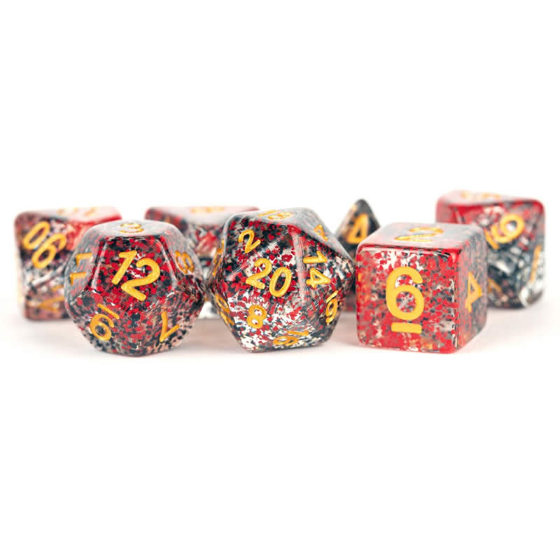MET628 Red Black Particle Dice Gold Numbers Resin 16mm 7 Dice Set (ONLINE ORDER ONLY)