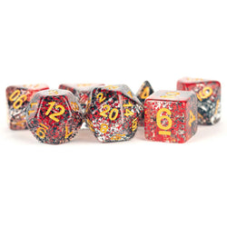MET628 Red Black Particle Dice Gold Numbers Resin 16mm 7 Dice Set (ONLINE ORDER ONLY)