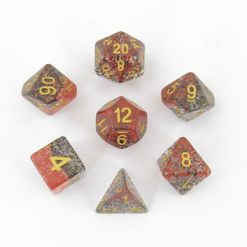 MET628 Red Black Particle Dice Gold Numbers Resin 16mm 7 Dice Set (ONLINE ORDER ONLY)