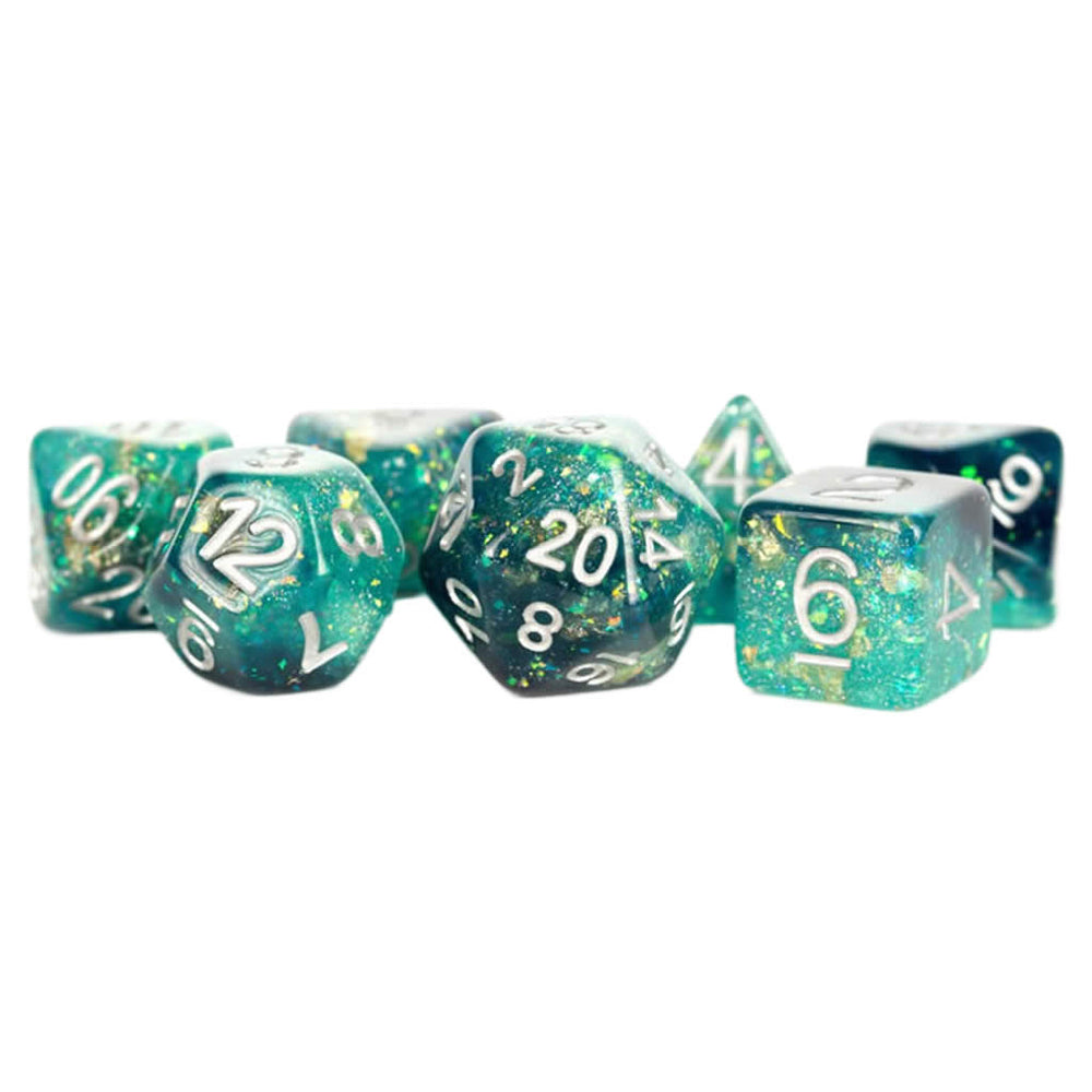 MET634 Teal and Black Eternal Resin Dice with White Numbers 16mm (5/8in) 7 Dice Set (ONLINE ORDER ONLY)