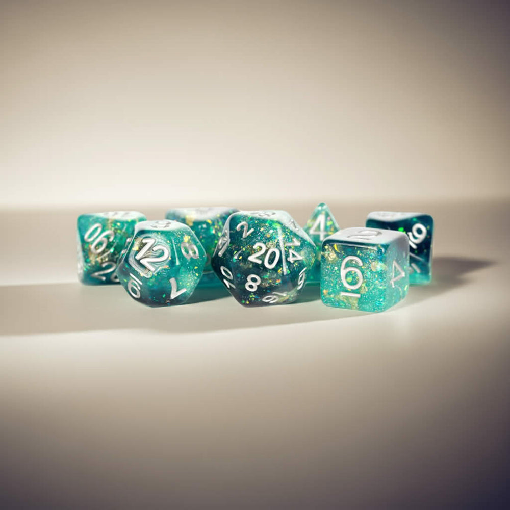 MET634 Teal and Black Eternal Resin Dice with White Numbers 16mm (5/8in) 7 Dice Set (ONLINE ORDER ONLY)