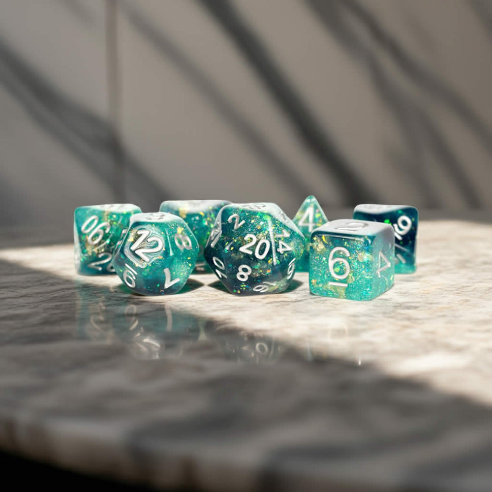 MET634 Teal and Black Eternal Resin Dice with White Numbers 16mm (5/8in) 7 Dice Set (ONLINE ORDER ONLY)