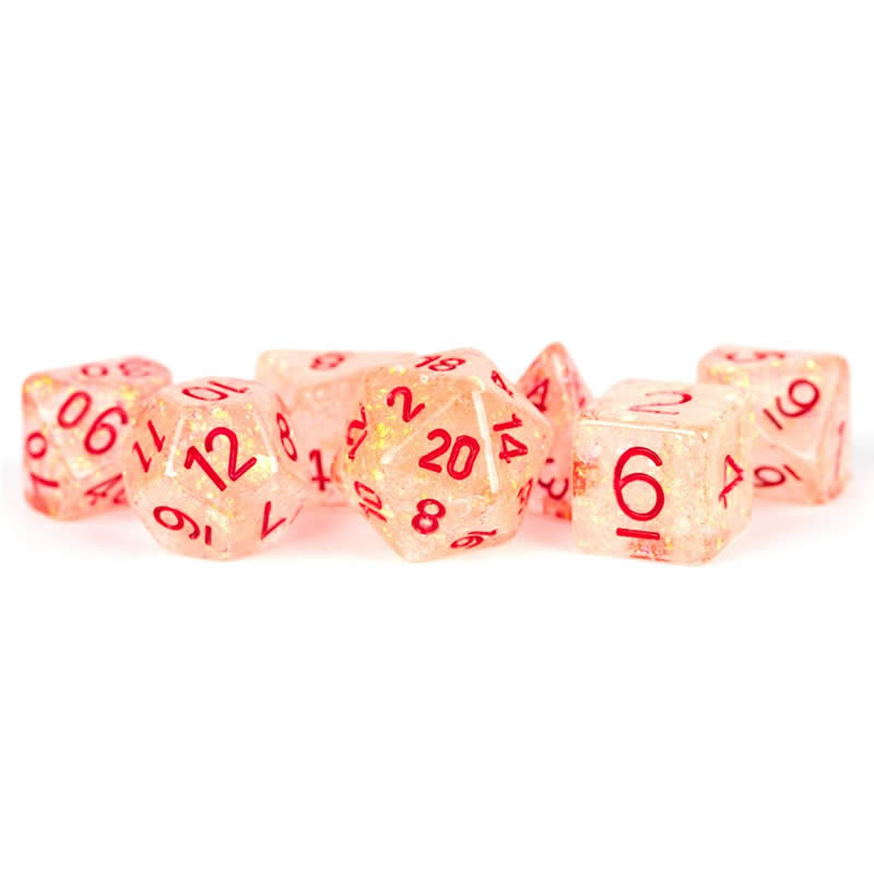 MET681 Orange Flash Dice with Red Numbers Resin 16mm (5/8in) 7 Dice Set (ONLINE ORDER ONLY)