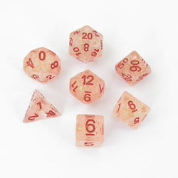 MET681 Orange Flash Dice with Red Numbers Resin 16mm (5/8in) 7 Dice Set (ONLINE ORDER ONLY)