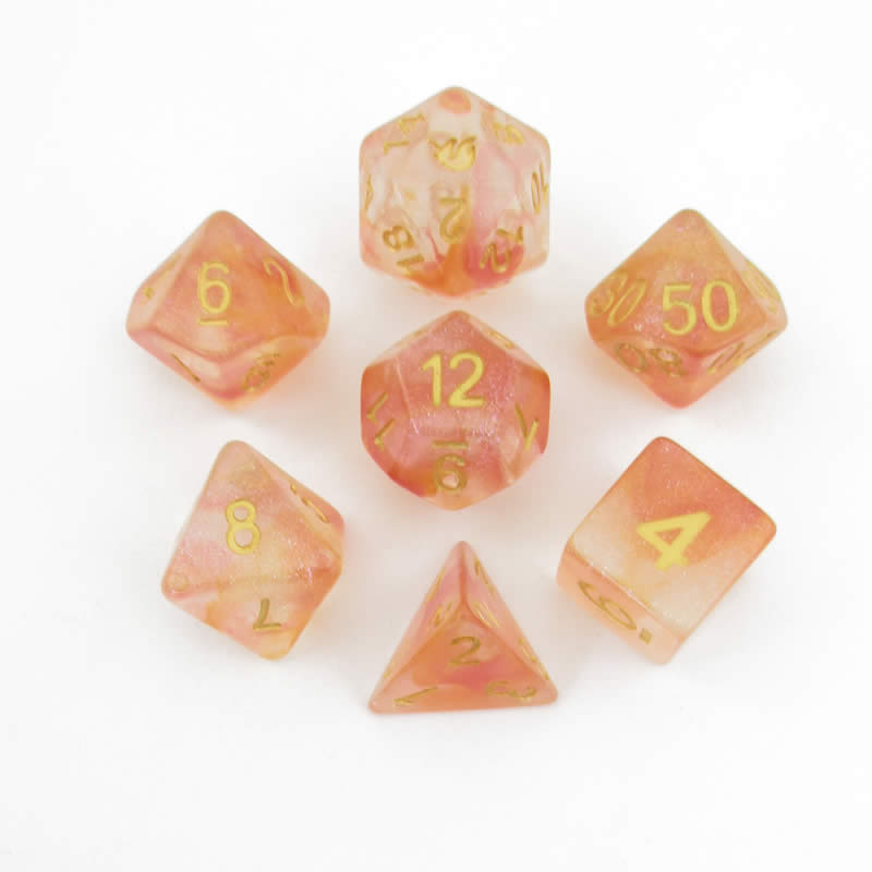 MET707 Mystic Embers Unicorn Dice with Yellow Numbers Acrylic 7 Dice Set (ONLINE ORDER ONLY)