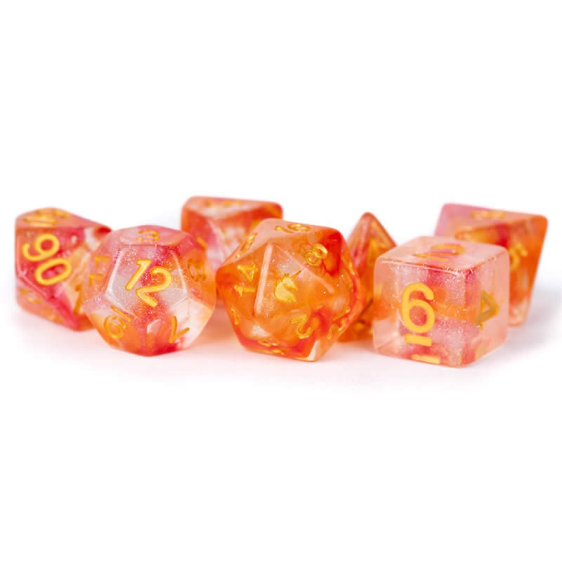 MET707 Mystic Embers Unicorn Dice with Yellow Numbers Acrylic 7 Dice Set (ONLINE ORDER ONLY)