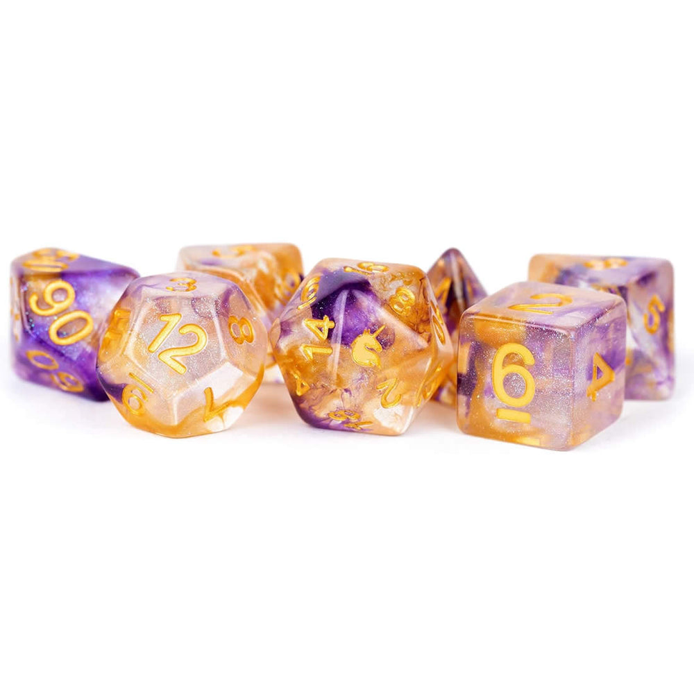 MET711 Royal Sunset Unicorn Dice with Yellow Numbers Acrylic 7 Dice Set (ONLINE ORDER ONLY)