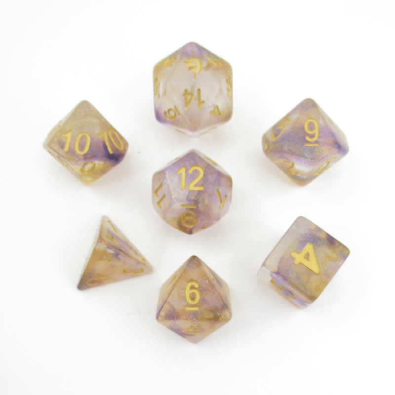 MET711 Royal Sunset Unicorn Dice with Yellow Numbers Acrylic 7 Dice Set (ONLINE ORDER ONLY)