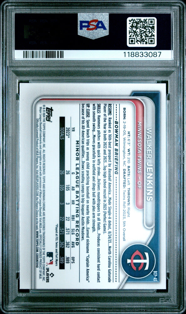 Graded 2024 Topps Bowman Sapphire Walker Jenkins #BCP43 Chrome Prospect Rookie RC Baseball Card PSA 10 Gem Mint (ONLINE ORDER ONLY)
