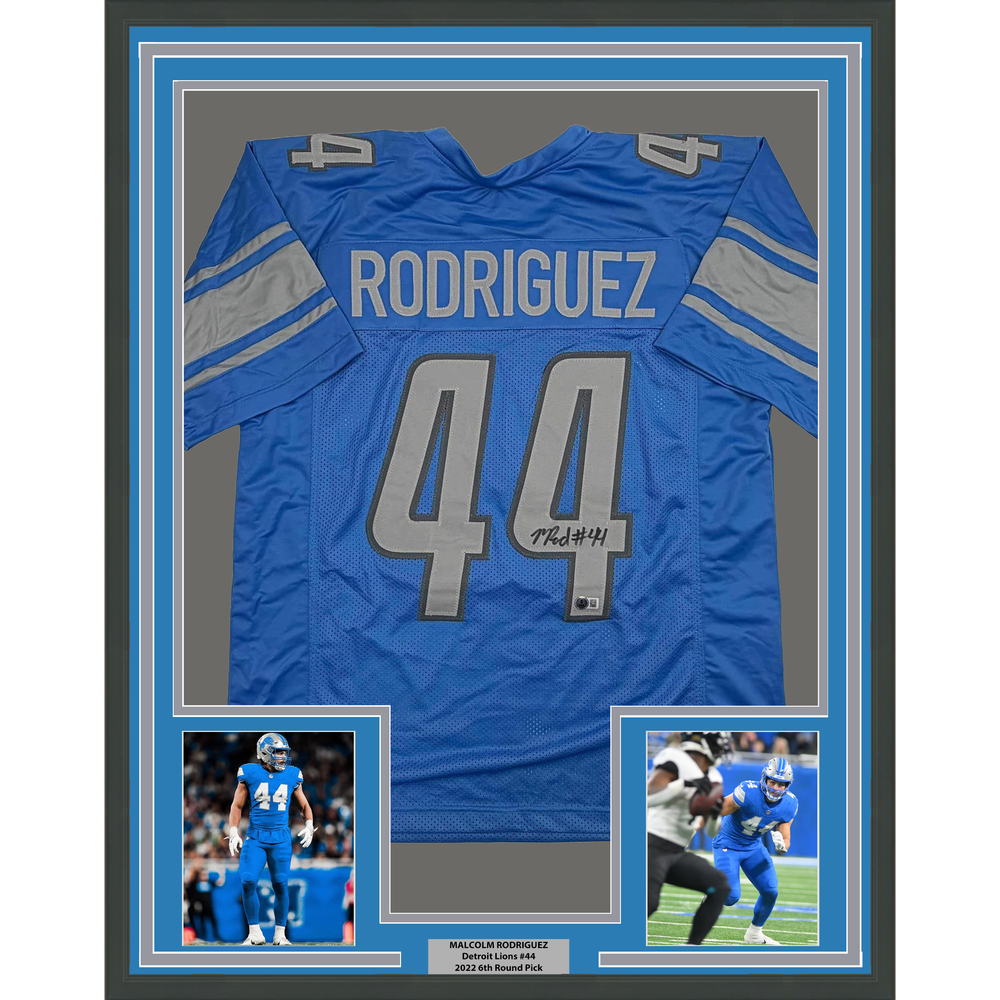 Framed Autographed/Signed Malcolm Rodriguez 35x39 Detroit Blue Football Jersey Beckett BAS COA