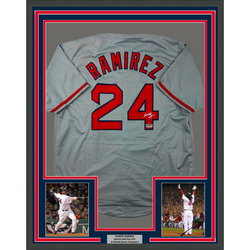 Framed Facsimile Autographed Manny Ramirez 35x39 Boston Grey Reprint Laser Auto Baseball Jersey (ONLINE ORDER ONLY)