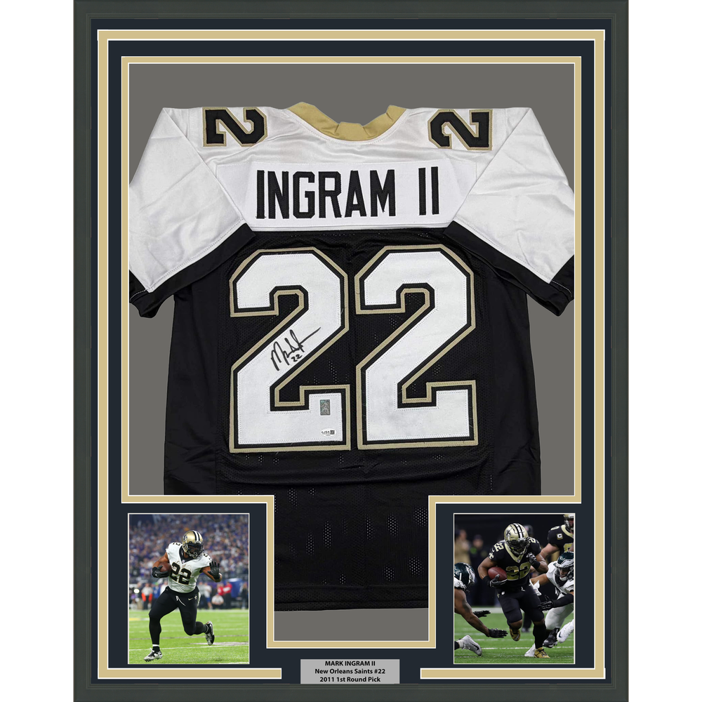 Framed Autographed/Signed Mark Ingram II 35x39 New Orleans Black Alternate Football Jersey JSA COA