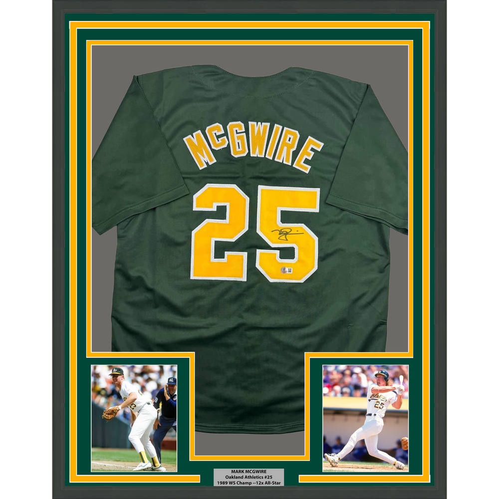 Framed Autographed/Signed Mark McGwire 35x39 Oakland Green Baseball Jersey Beckett BAS COA