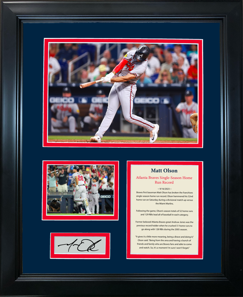 Framed Matt Olson Single-Season Home Run Record Facsimile Laser Engraved Signature Auto Baseball 11"x14" Photo Sig Collage (ONLINE ORDER ONLY)