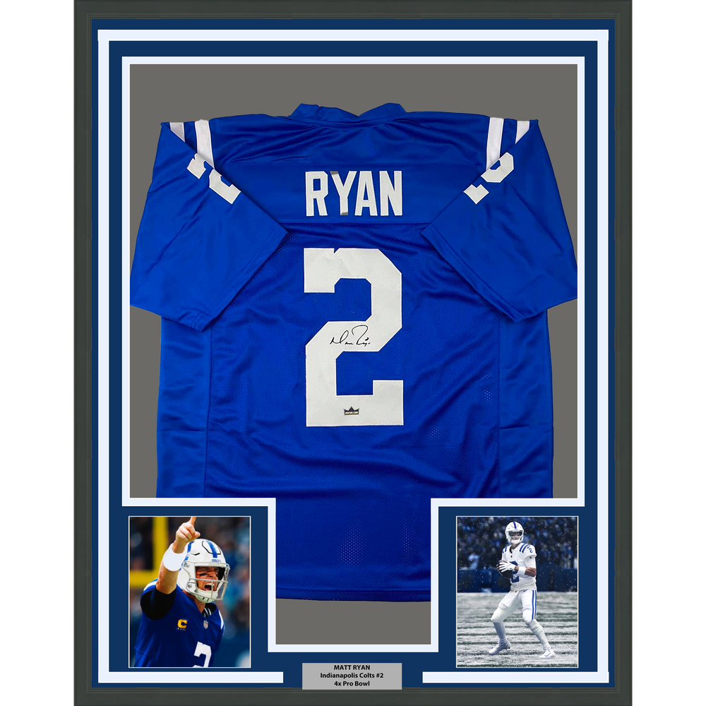 Framed Facsimile Autographed Matt Ryan 35x39 Indianapolis Blue Reprint Laser Auto Football Jersey (ONLINE ORDER ONLY)