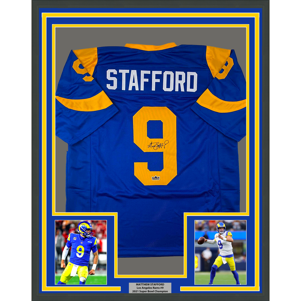 Framed Facsimile Autographed Matthew Stafford 35x39 Los Angeles LA Royal Blue Retro Reprint Laser Auto Football Jersey (ONLINE ORDER ONLY)