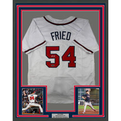 Framed Facsimile Autographed Max Fried 35x39 Atlanta White Reprint Laser Auto Baseball Jersey (ONLINE ORDER ONLY)