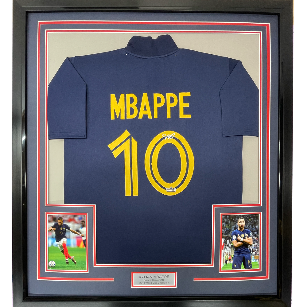 Framed Facsimile Autographed Kylian Mbappe 35x39 France Blue World Cup Reprint Laser Auto Soccer Jersey (ONLINE ORDER ONLY)