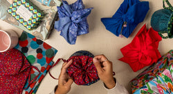 Medium Reusable Fabric Gift Bag | Blue & Red Confetti