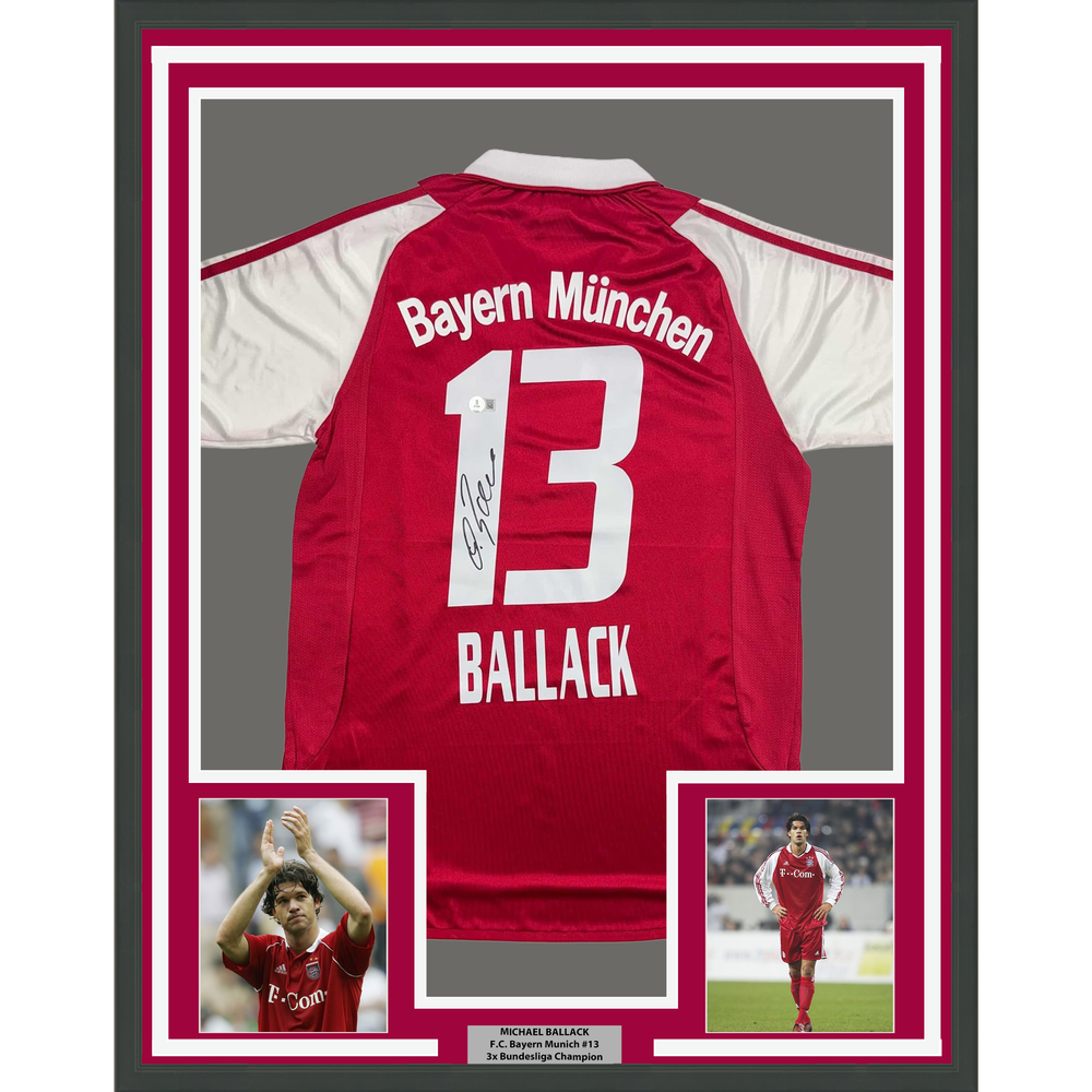 Framed Autographed/Signed Michael Ballack FC Bayern Munich 35x39 Red Soccer Futbol Jersey Beckett BAS COA