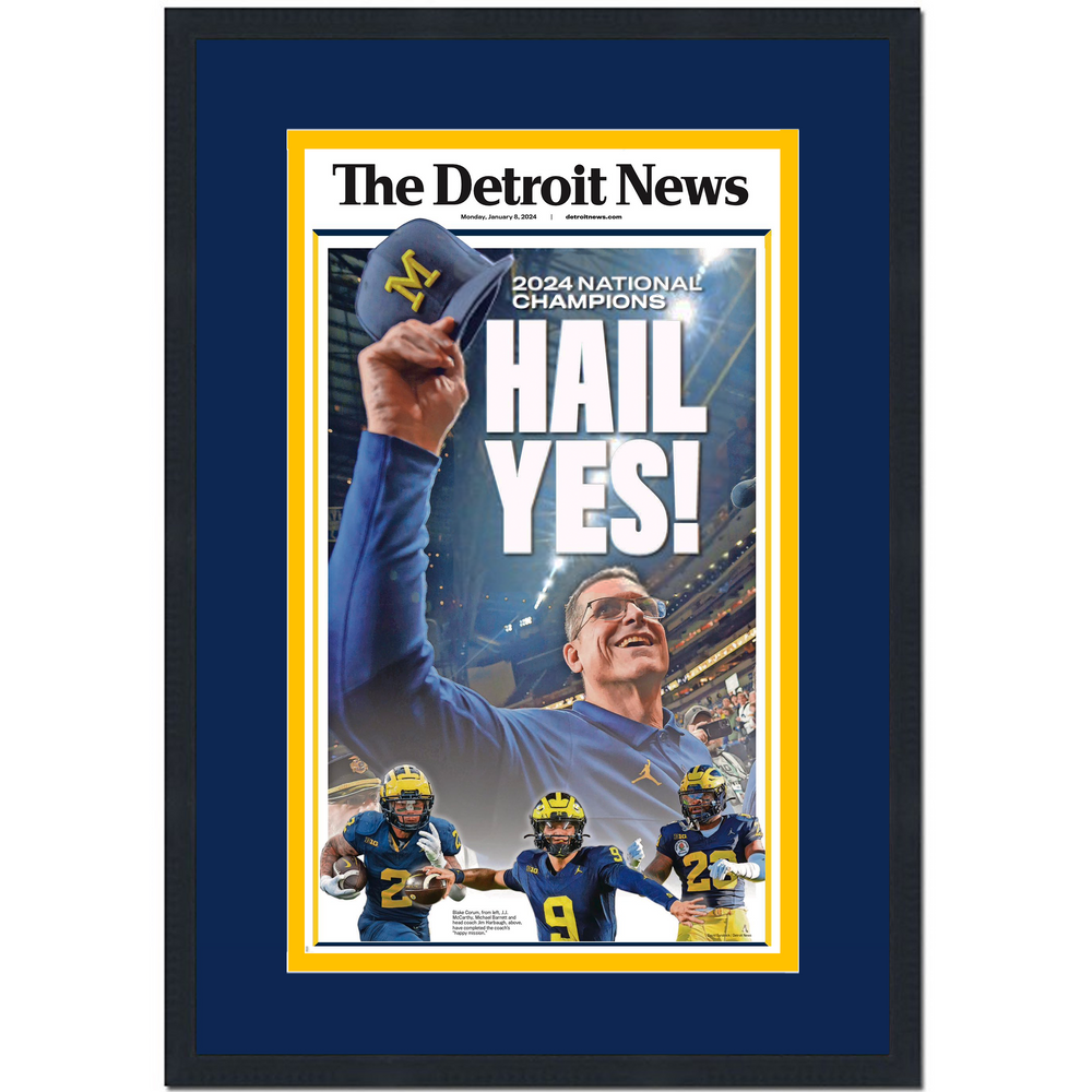 Framed The Detroit News Michigan Wolverines Hail Yes Stadium Edition 2023 NCAA CFP National Champions 14x23 Newspaper Cover Photo Professionally Matted V2 (ONLINE ORDER ONLY)