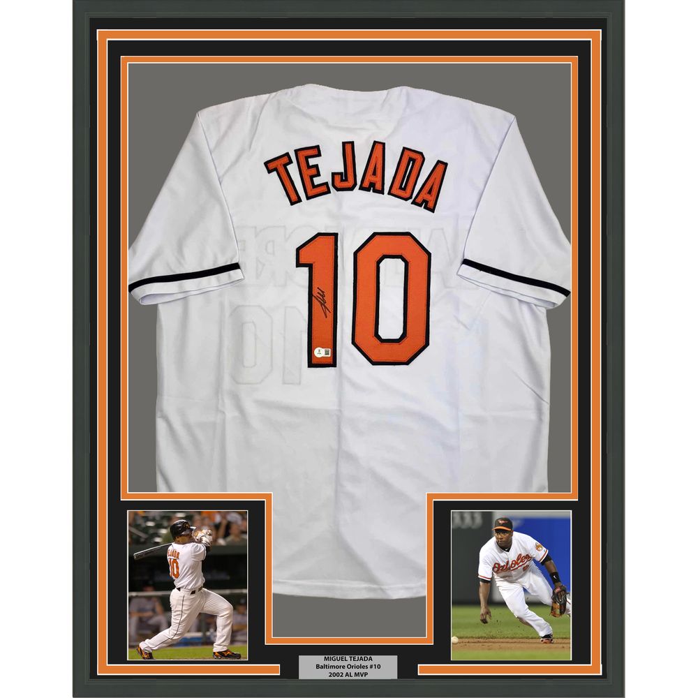 Framed Autographed/Signed Miguel Tejada 35x39 Baltimore White Baseball Jersey Beckett BAS COA