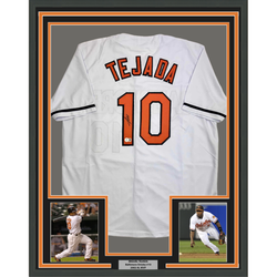 Framed Autographed/Signed Miguel Tejada 35x39 Baltimore White Baseball Jersey Beckett BAS COA