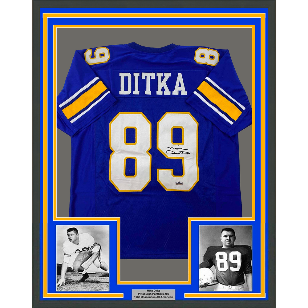 Framed Facsimile Autographed Mike Ditka 35x39 Pittsburgh Blue Reprint Laser Auto College Football Jersey (ONLINE ORDER ONLY)