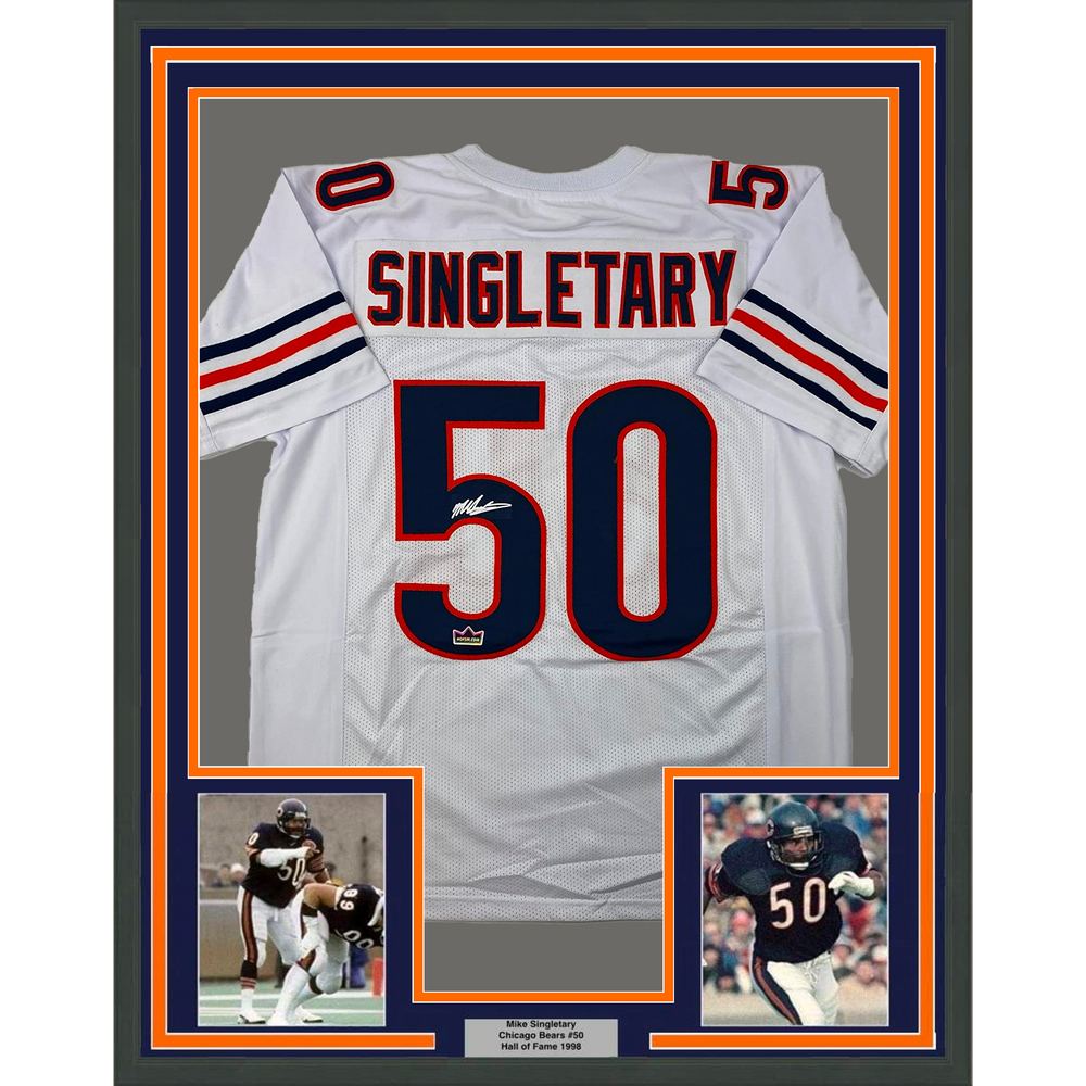 Framed Facsimile Autographed Mike Singletary 35x39 Chicago White Reprint Laser Auto Football Jersey Size Men's XL (ONLINE ORDER ONLY)