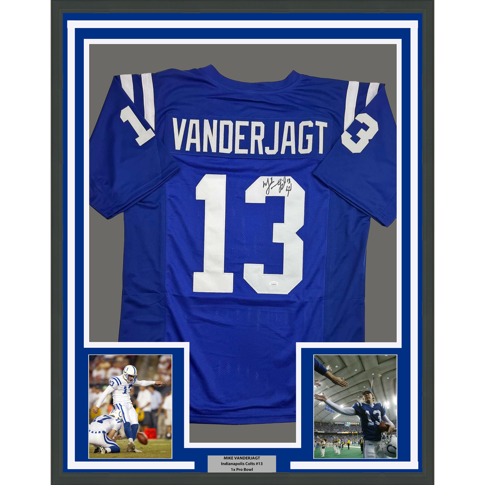 Framed Autographed/Signed Mike Vanderjagt 35x39 Indianapolis Blue Football Jersey JSA COA