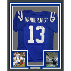 Framed Autographed/Signed Mike Vanderjagt 35x39 Indianapolis Blue Football Jersey JSA COA