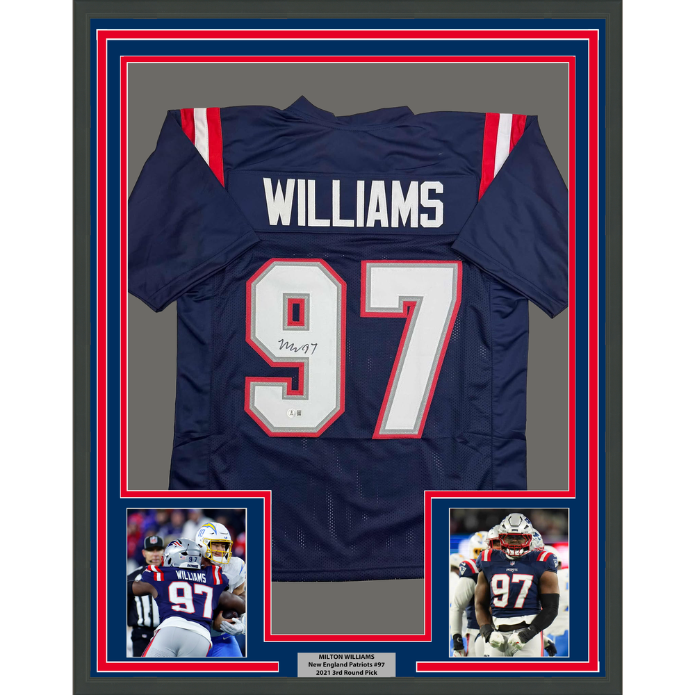 Framed Autographed/Signed Milton Williams 35x39 New England Blue Football Jersey Beckett BAS COA