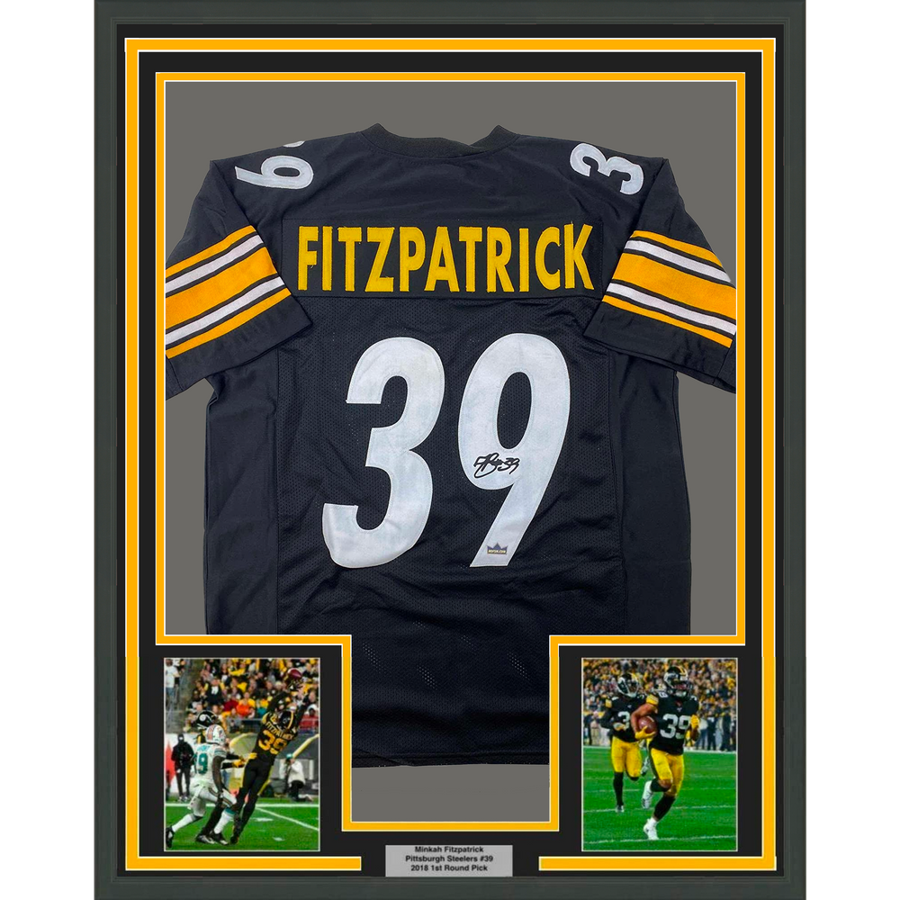 Framed Facsimile Autographed Minkah Fitzpatrick 35x39 Pittsburgh Black Reprint Laser Auto Football Jersey (ONLINE ORDER ONLY)