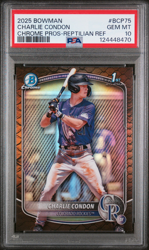 Graded 2025 Topps Bowman Charlie Condon #BCP75 Chrome Prospects Reptilian Refractor Rookie RC Baseball Card PSA 10 Gem Mint (ONLINE ORDER ONLY)