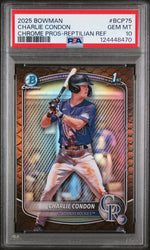 Graded 2025 Topps Bowman Charlie Condon #BCP75 Chrome Prospects Reptilian Refractor Rookie RC Baseball Card PSA 10 Gem Mint (ONLINE ORDER ONLY)