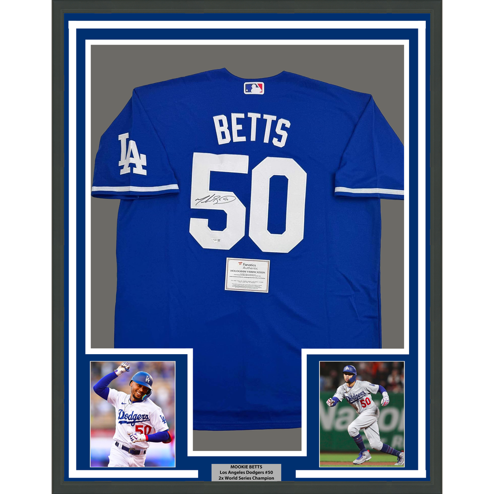 Framed Autographed/Signed Mookie Betts 35x39 Los Angeles LA Blue Baseball Jersey Fanatics COA