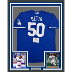Framed Autographed/Signed Mookie Betts 35x39 Los Angeles LA Blue Baseball Jersey Fanatics COA