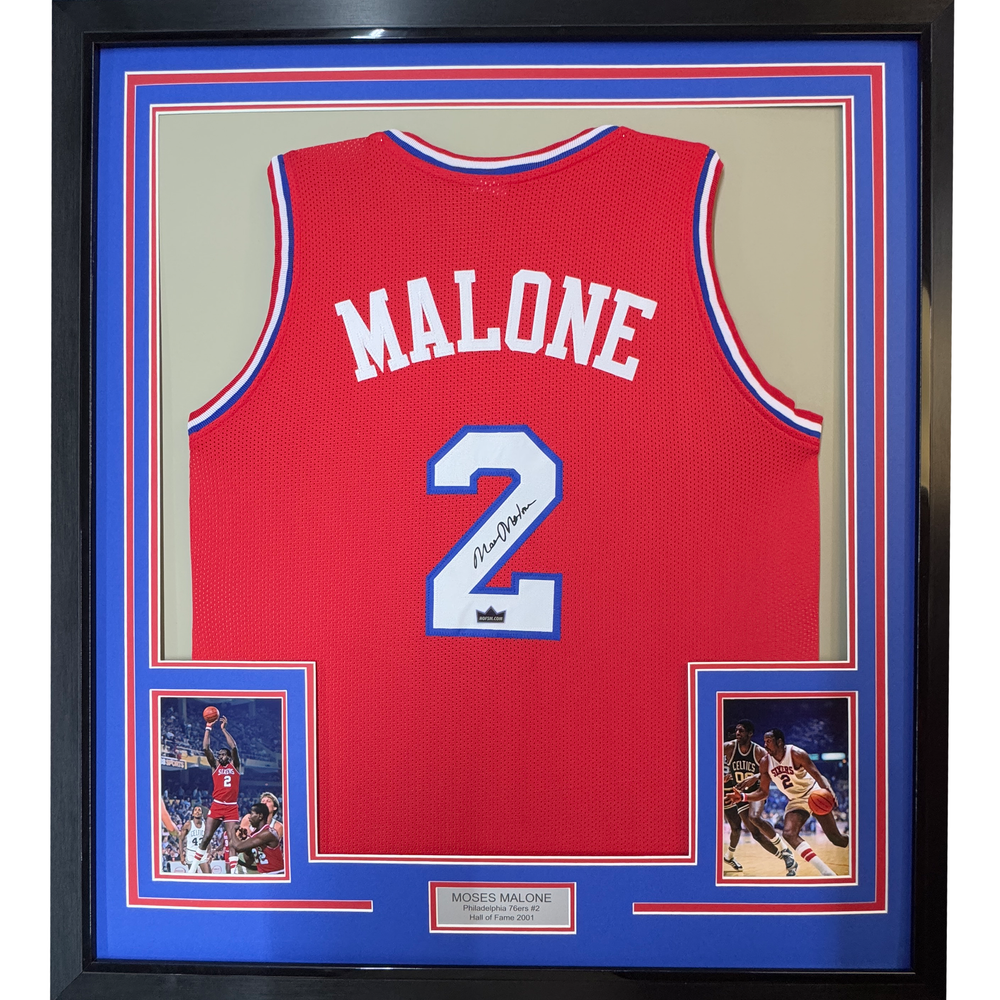 Framed Facsimile Autographed Moses Malone 35x39 Philadelphia Red Reprint Laser Auto Basketball Jersey (ONLINE ORDER ONLY)