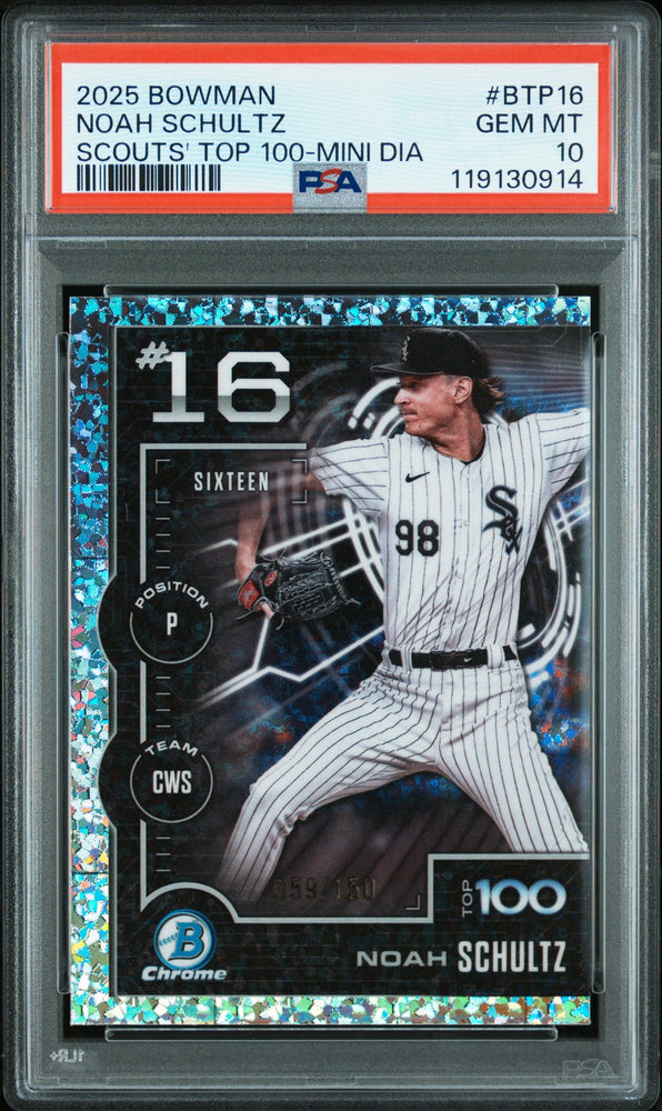 Graded 2025 Topps Bowman Noah Schultz #BTP16 Scouts Top 100 Mini Diamond /150 Rookie RC Baseball Card PSA 10 Gem Mint (ONLINE ORDER ONLY)