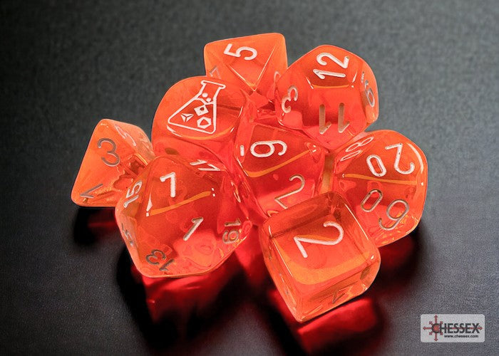 Translucent Polyhedral Neon Orange/white 7-Die Set (with bonus die) (Online Only)