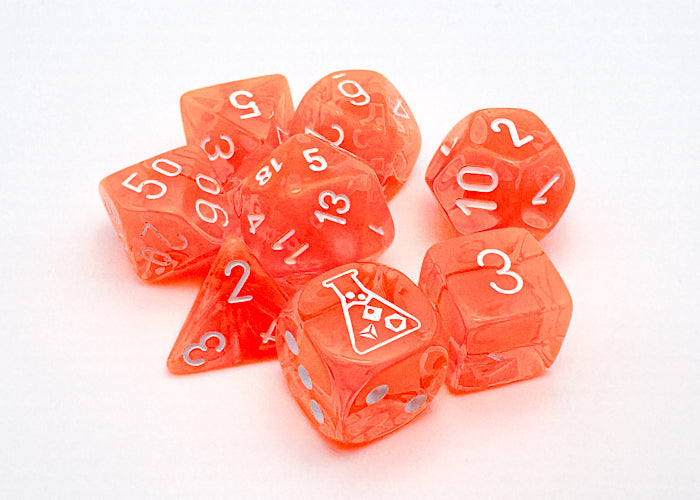Translucent Polyhedral Neon Orange/white 7-Die Set (with bonus die) (Online Only)