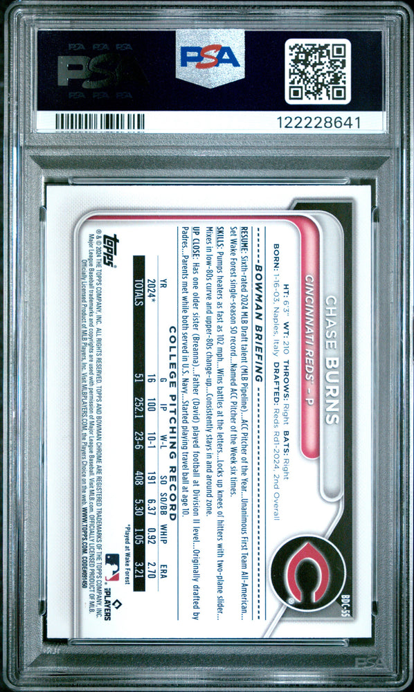 Graded 2024 Topps Bowman Draft Chase Burns #BDC55 Chrome Rookie RC Baseball Card PSA 9 Mint (ONLINE ORDER ONLY)