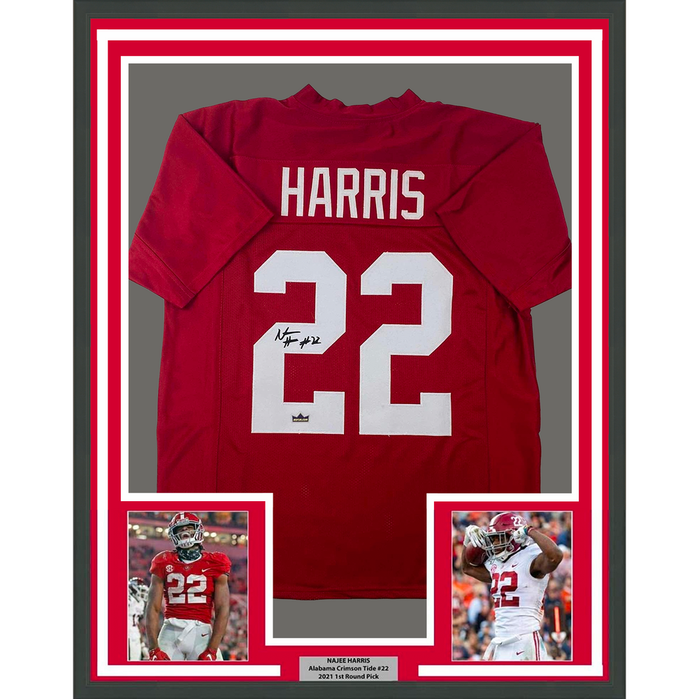 Framed Facsimile Autographed Najee Harris 35x39 Alabama Red Reprint Laser Auto College Football Jersey (ONLINE ORDER ONLY)